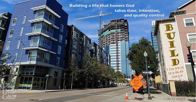 Commercial building getting close to building completion with large crane next to the building. Image caption says "Build."