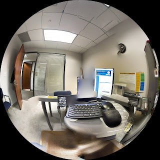 Work Office 180 degree panoramic of desk and computer in a work office