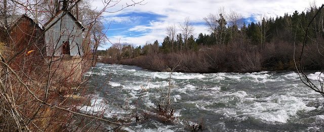 Shed on the banks of a running river with pine trees on the other bank; blue skies in the background
