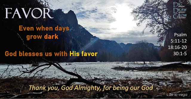 FAVOR Image at Yosemite of a shadowy, snow covered meadow against a dark hillside with dark remnants of a fallen tree. Words on the picture say Favor: Even when days grow dark, God blesses us with His favor. Thank you, God Almighty, for being our God. Psalm 5:11-12, Psalm 18:16-20, Psalm 30:1-5