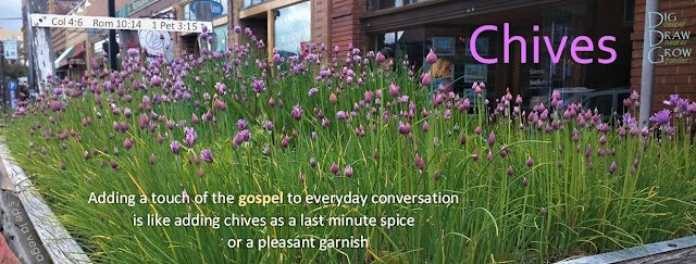 Chives: A Touch of the Gospel Chives: Adding a touch of the gospel is like adding chives as a last minute spice or a pleasant garnish (Colossians 4:6, Romans 10:14, 1 Peter 3:15)