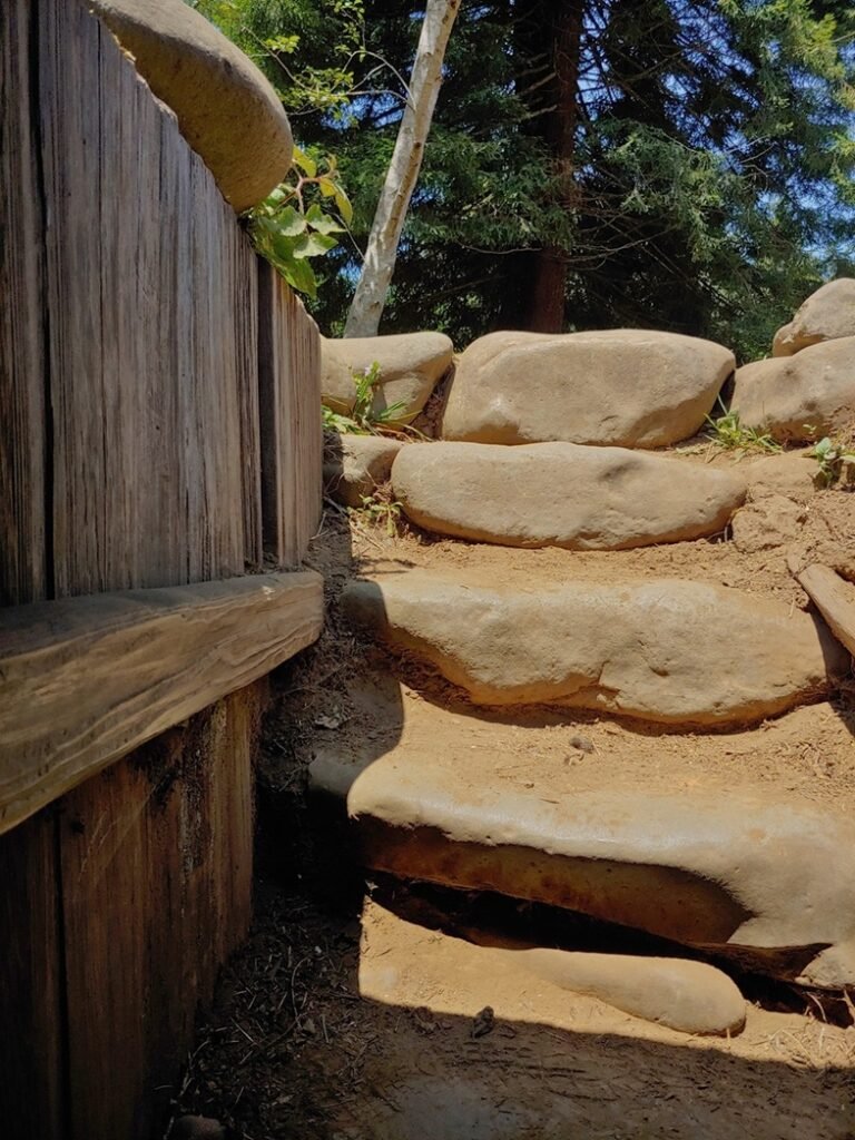 Stone steps alongside a wooden retaining wall in exposed sun